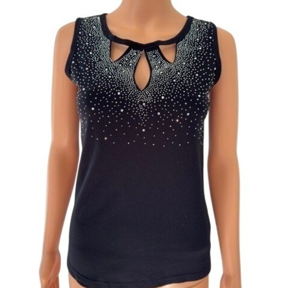 Black‎ Rhinestone Keyhole Sleeveless Tank Top Studded Cutout Party Shirt